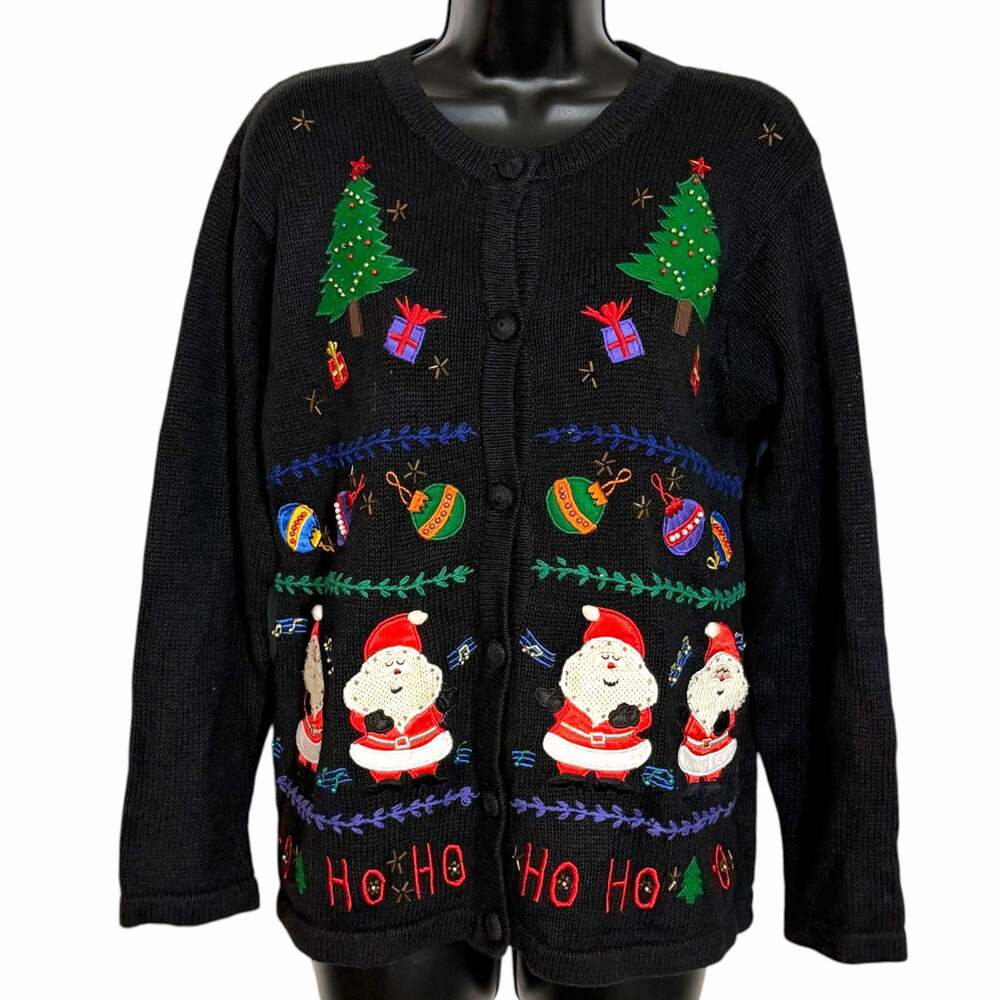 Vtg 90s In Resource Christmas Cardigan Sweater Santa Trees Ho Ho Ho Embroidery S